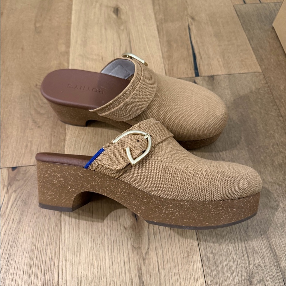 Rothy's Tan Canvas Clogs with Gold Buckle - Picture 2 of 7